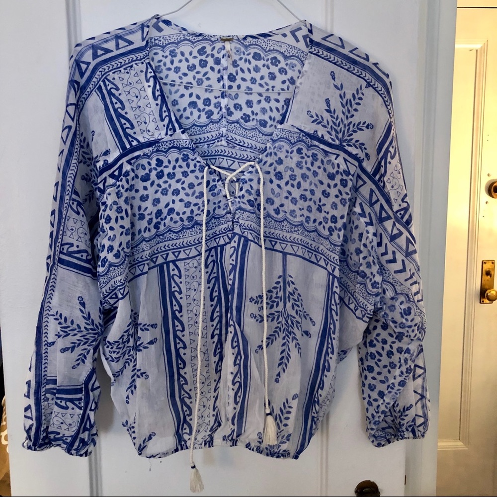 Free People Boho Blue and White Top w Tassel Ties